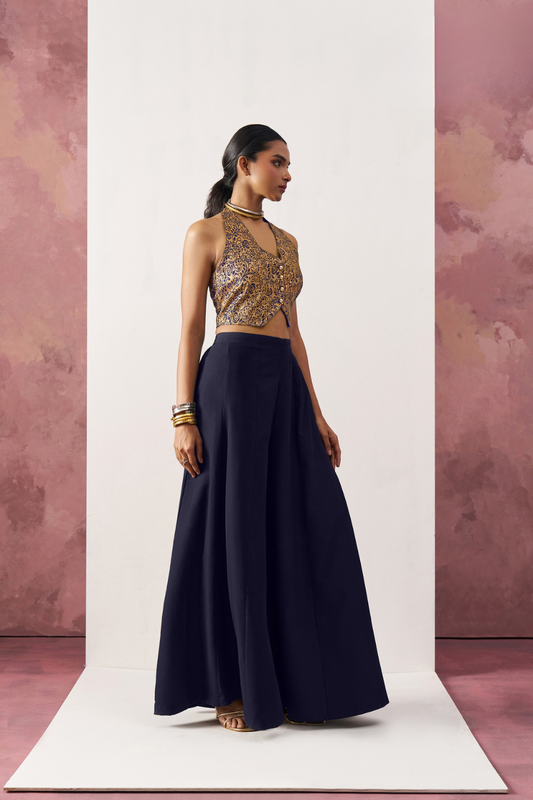 Elegant Blue Jacquard Indo-Western Skirt Suit with Waistcoat