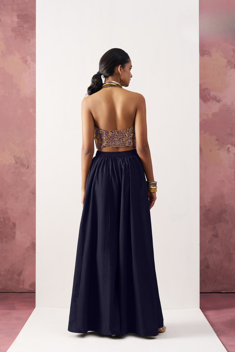 Elegant Blue Jacquard Indo-Western Skirt Suit with Waistcoat