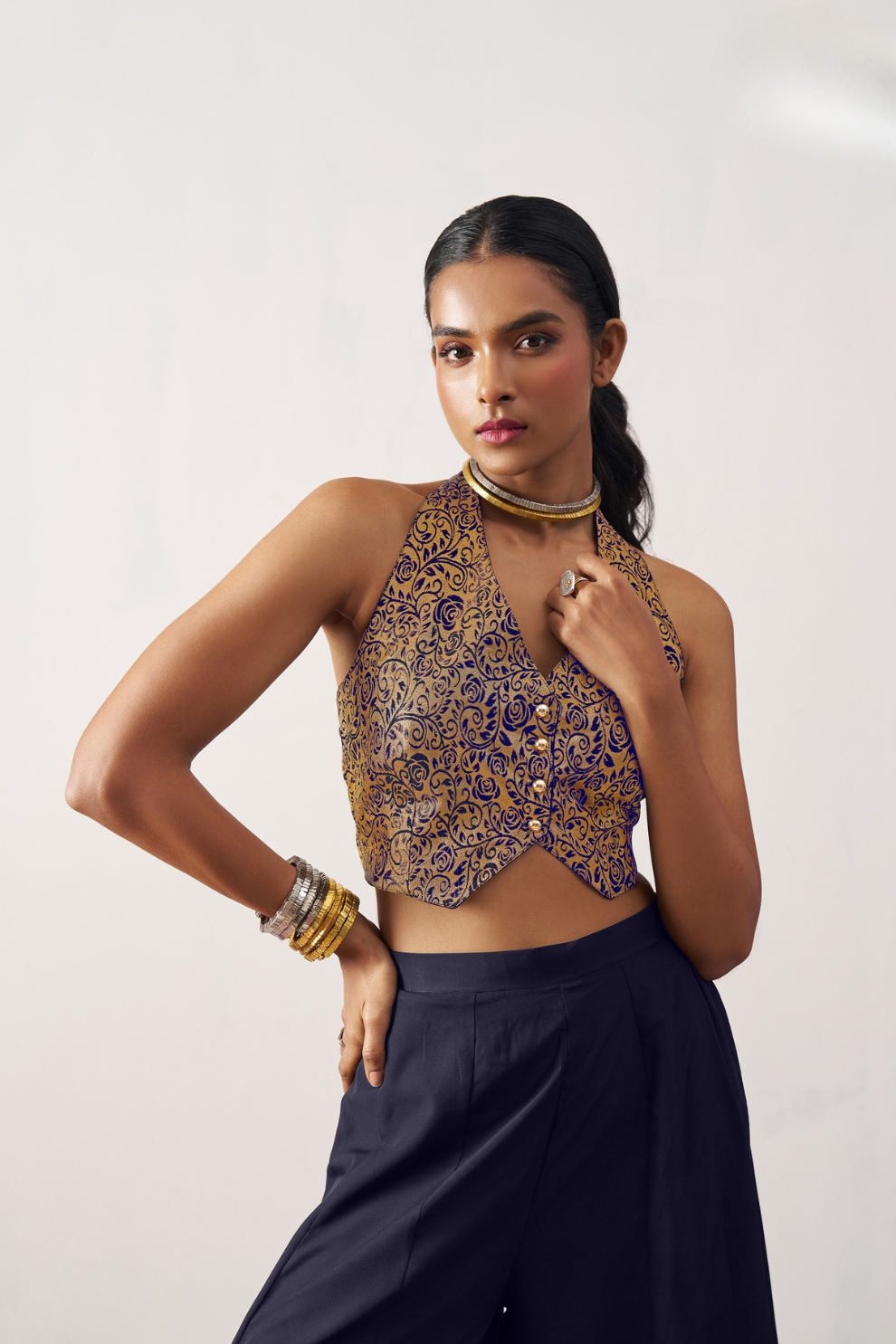 Elegant Blue Jacquard Indo-Western Skirt Suit with Waistcoat