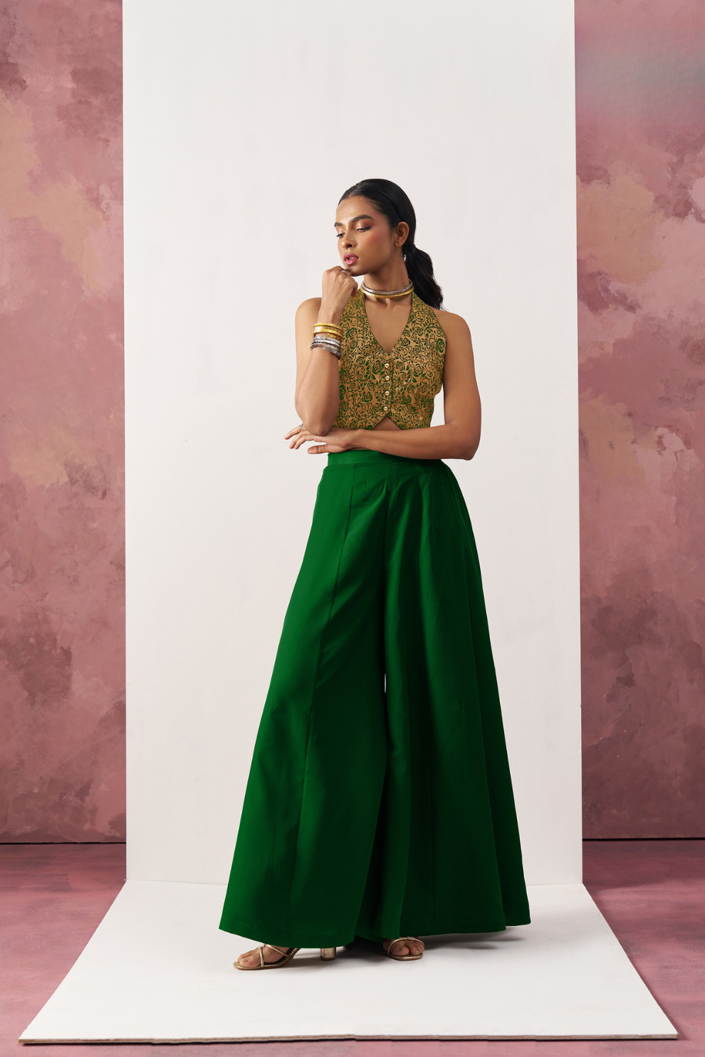 Elegant Green And Gold Jacquard Crop Top Set In Art Silk
