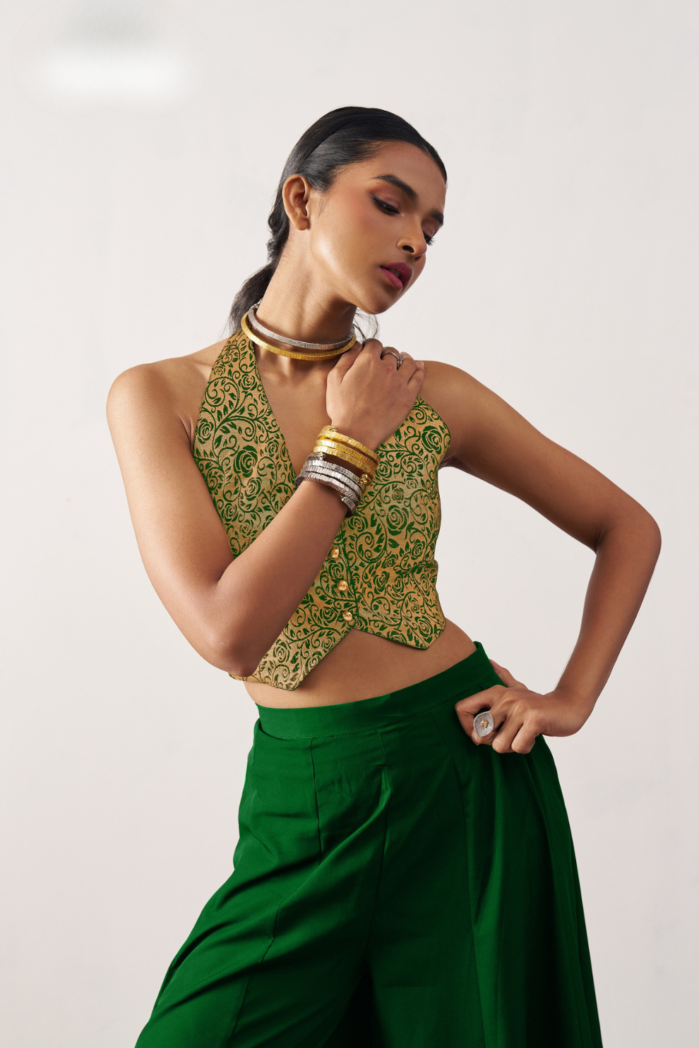 Elegant Green And Gold Jacquard Crop Top Set In Art Silk
