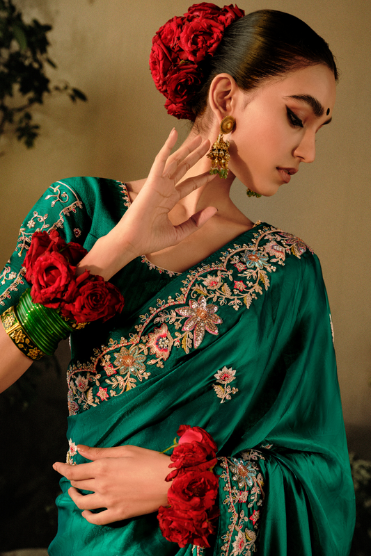 Wedding Wear Saree in Pure Fancy Fabric with Heavy Embroidery