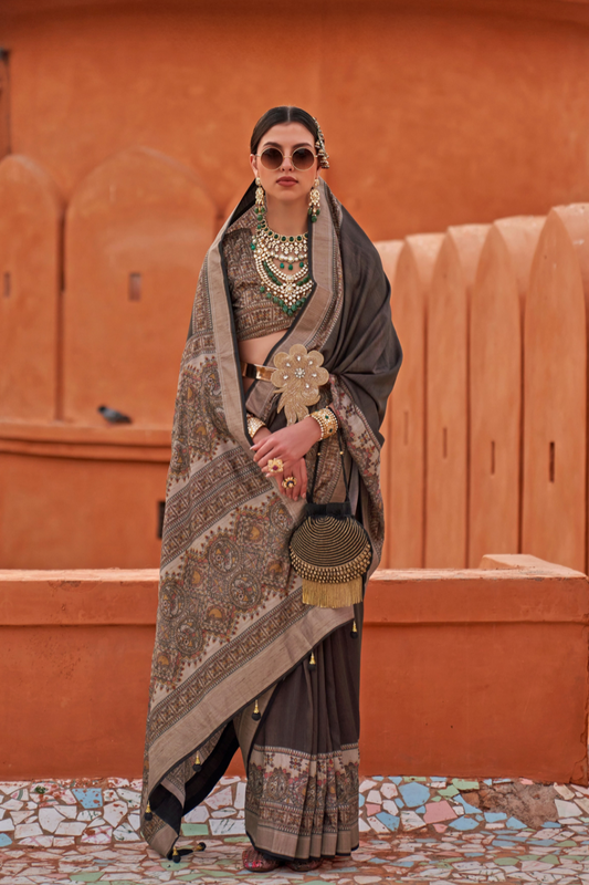 Glossy Finish Saree in Viscose Polyester Silk Fabric Print