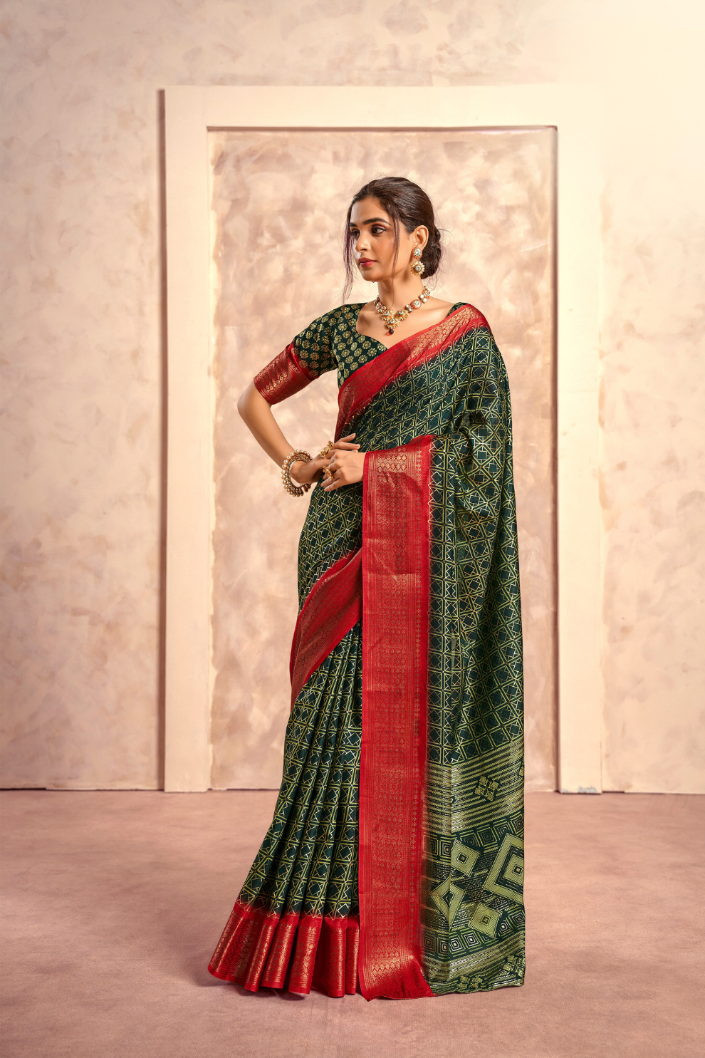Soft Dola Saree with Foil Print and Contrast Jacquard Border - LaVante Fashion