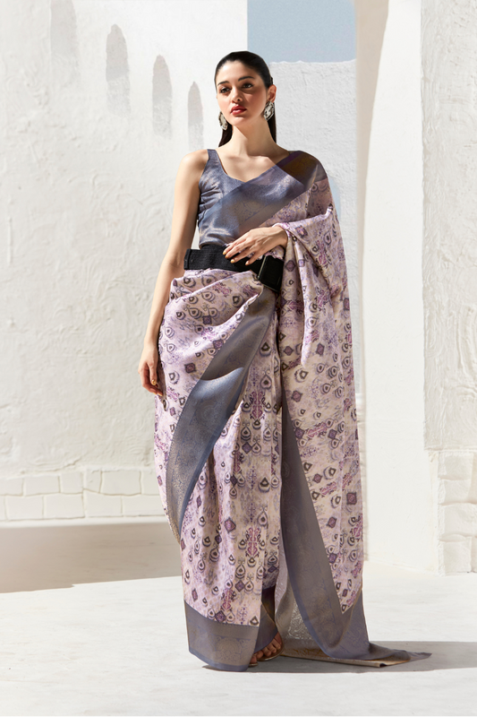 Designer Digital Printed Banarasi Slik Saree in Elegant Aqua Blue