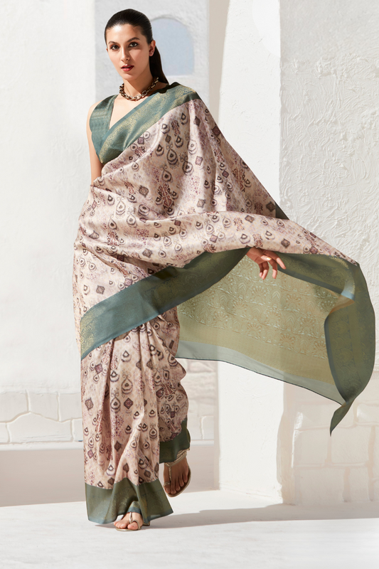 Designer Digital Printed Banarasi Slik Saree in Elegant Aqua Blue