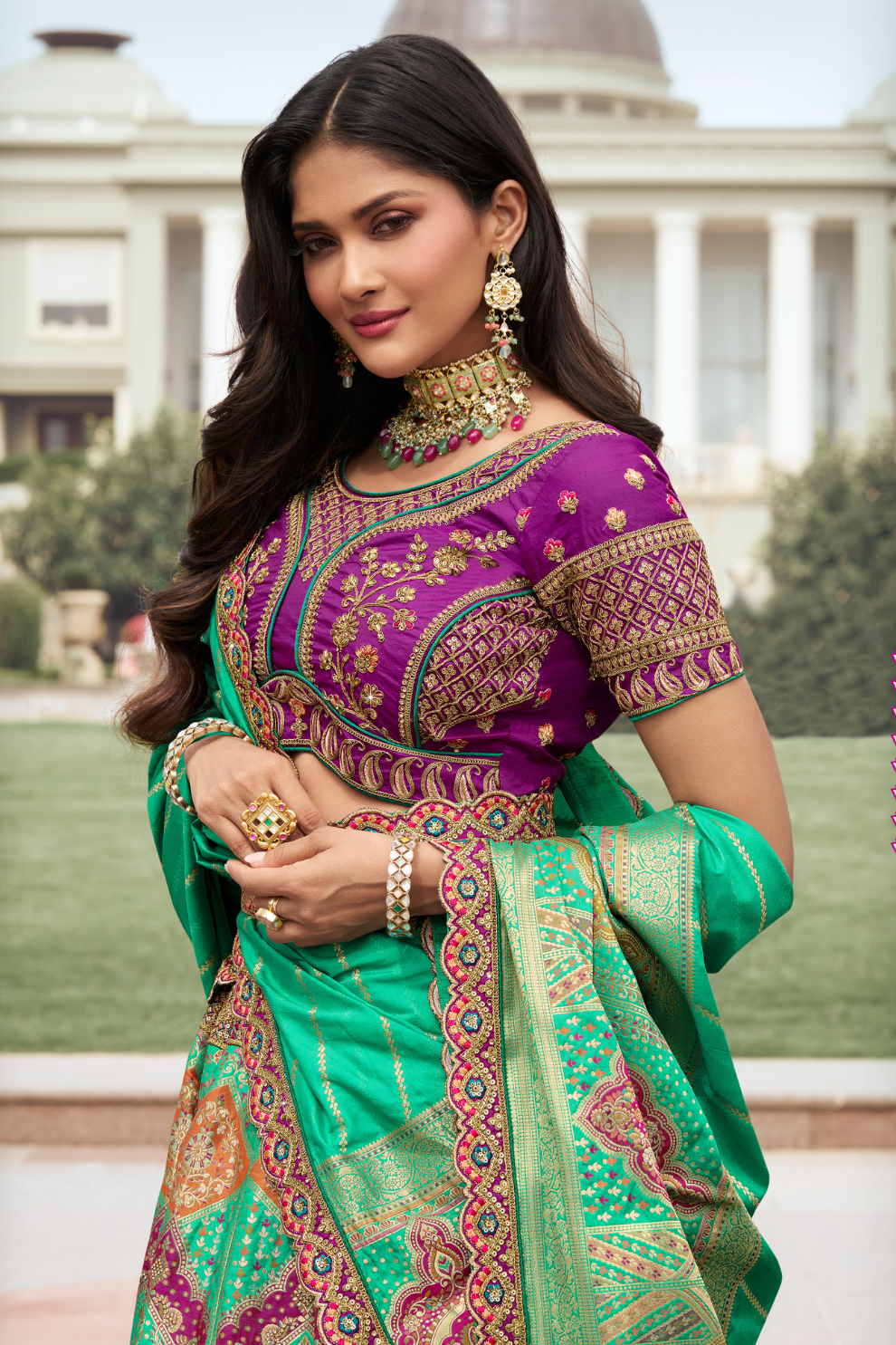 Elegant Banarasi Silk Lehenga Choli with Handcrafted Zarkan and Cording Detailing