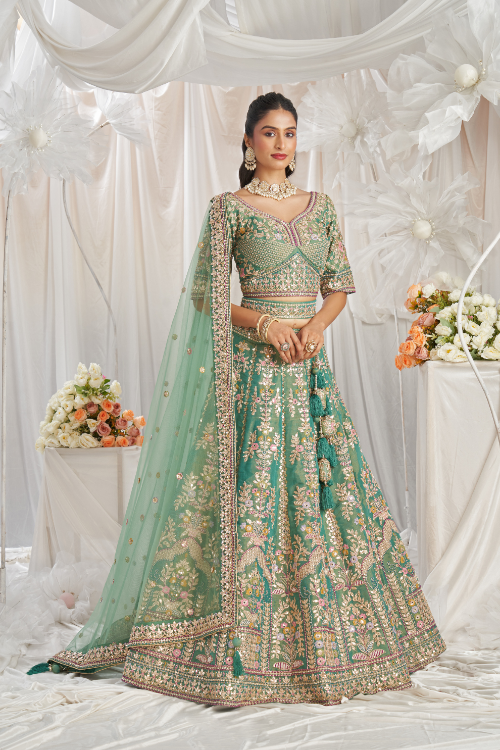 Elegant Bridal Net Lehenga with Gotapatti & Moti Work