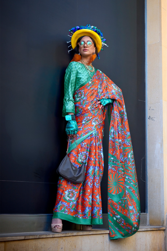 Contemporary Print Satin Crepe Saree with Chic Glossy Drape