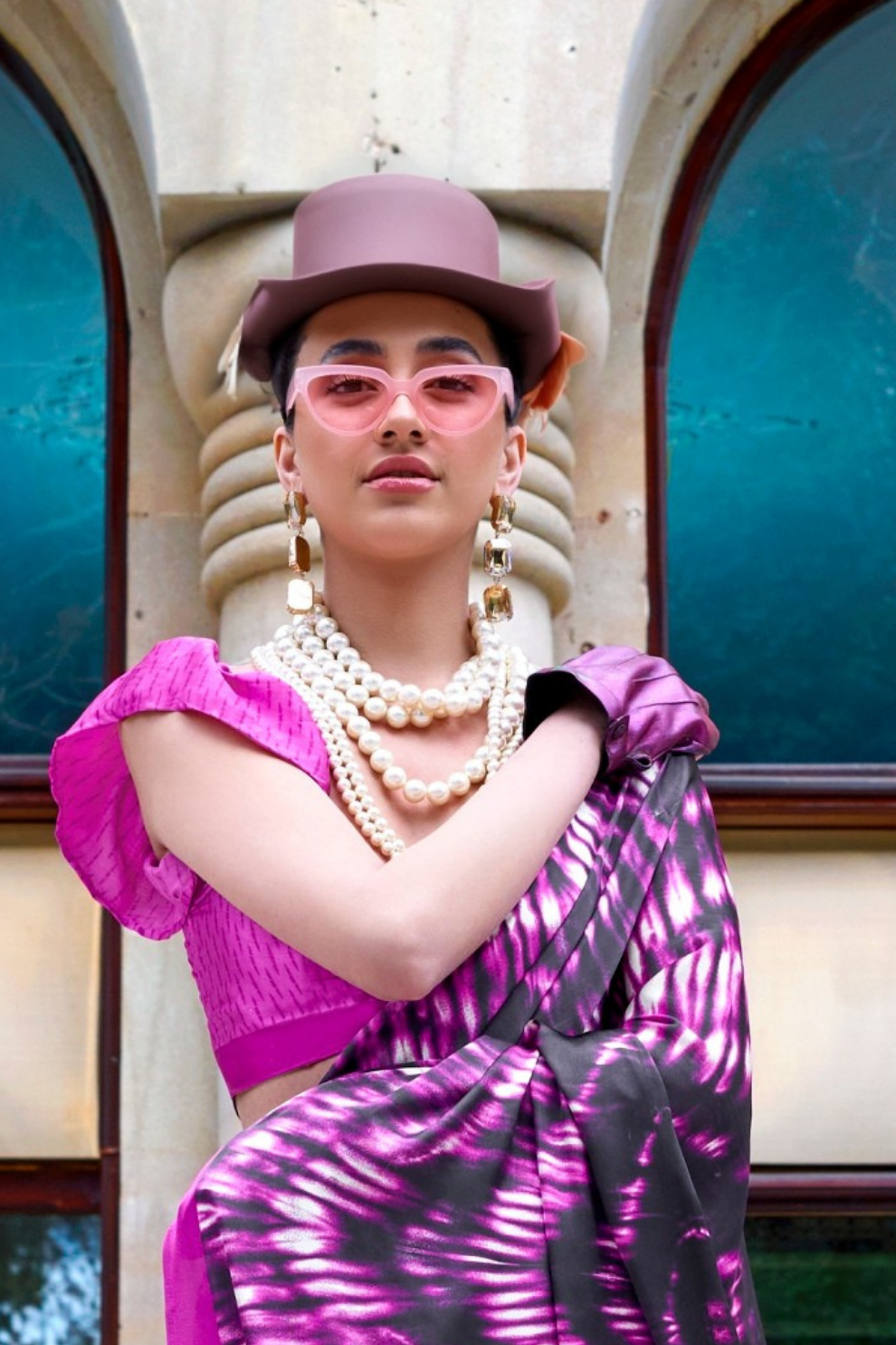 Contemporary Print Satin Crepe Saree with Chic Glossy Drape