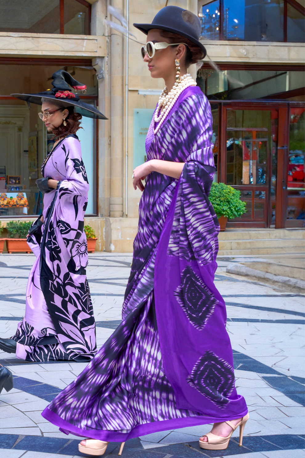 Contemporary Print Satin Crepe Saree with Chic Glossy Drape