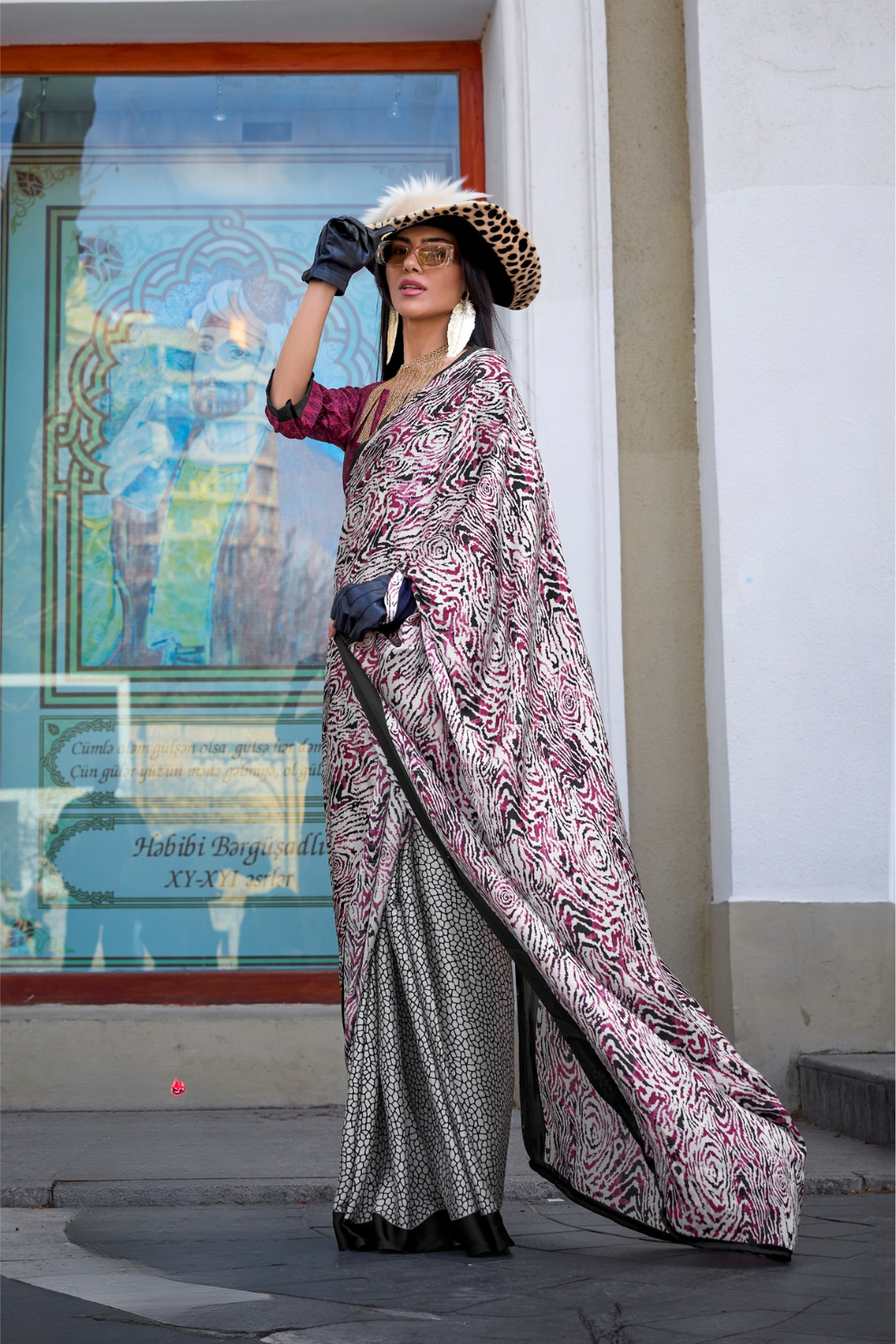 Contemporary Print Satin Crepe Saree with Chic Glossy Drape