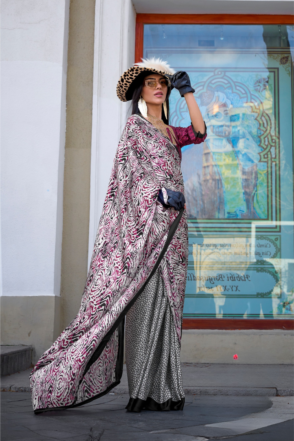 Contemporary Print Satin Crepe Saree with Chic Glossy Drape