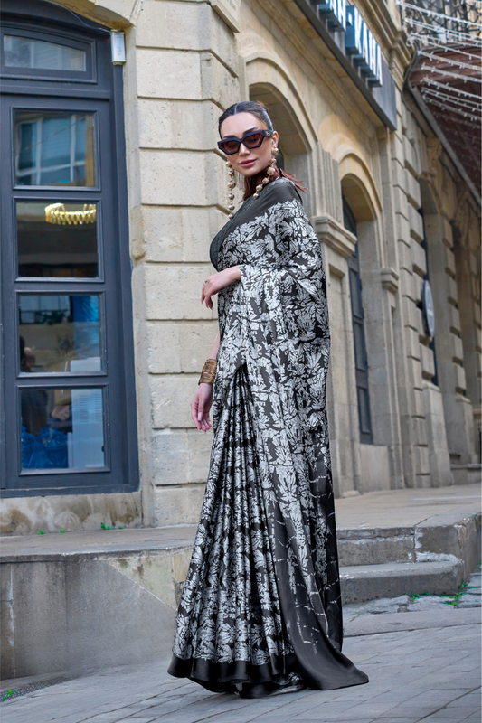 Contemporary Print Satin Crepe Saree with Chic Glossy Drape