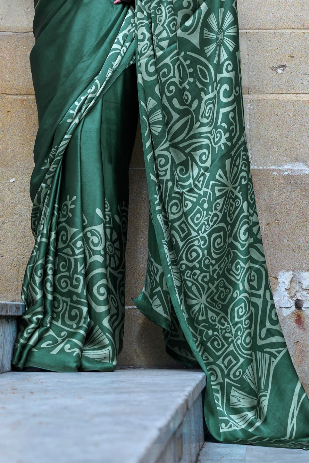 Contemporary Print Satin Crepe Saree with Chic Glossy Drape