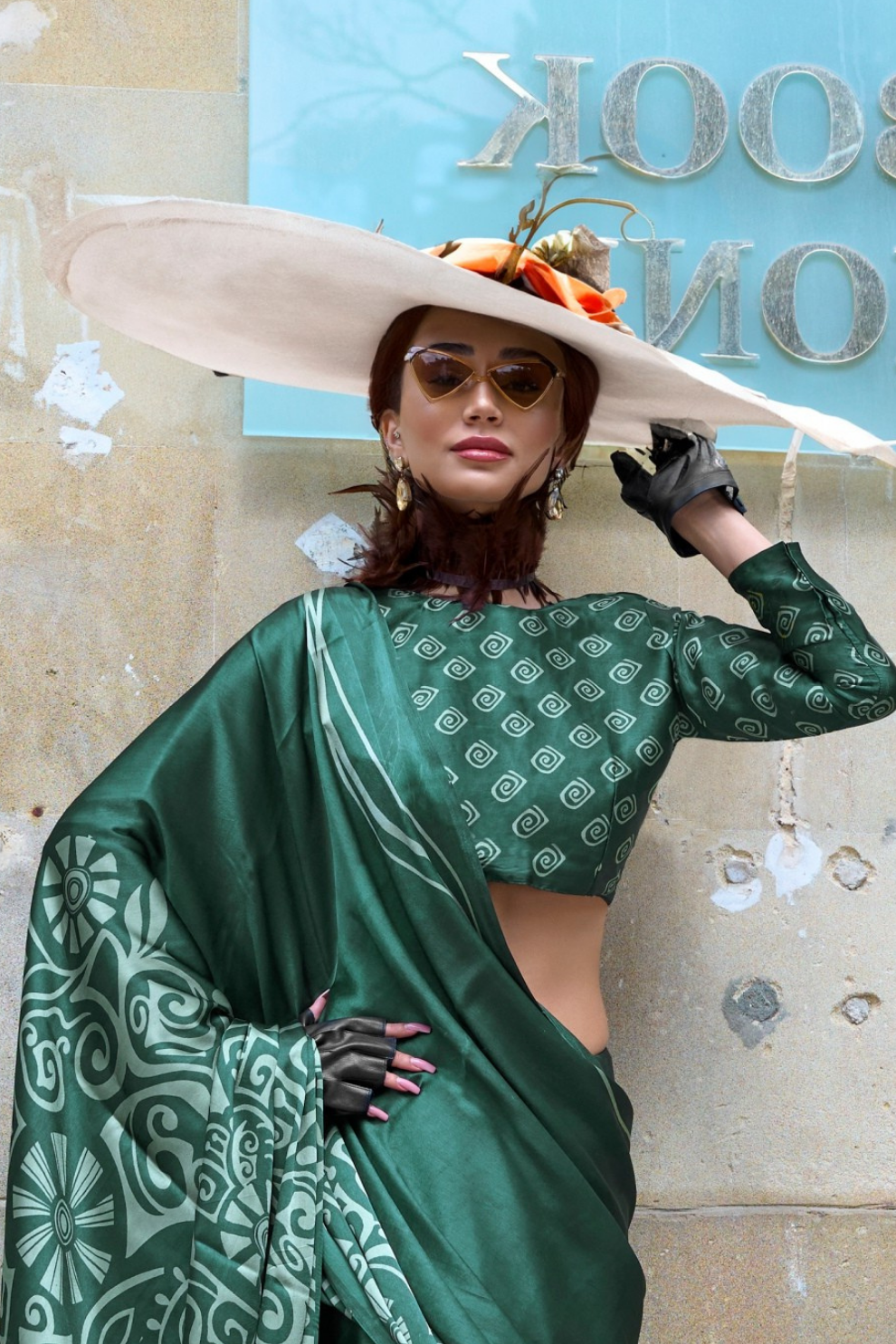 Contemporary Print Satin Crepe Saree with Chic Glossy Drape