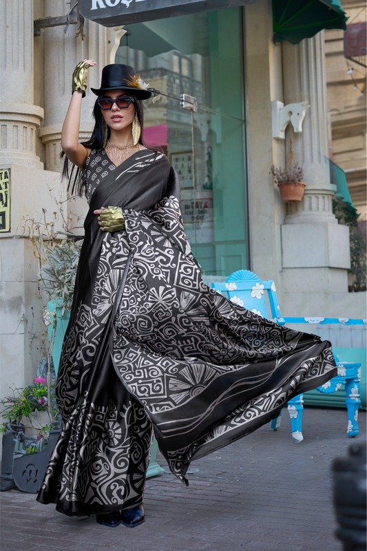 Contemporary Print Satin Crepe Saree with Chic Glossy Drape