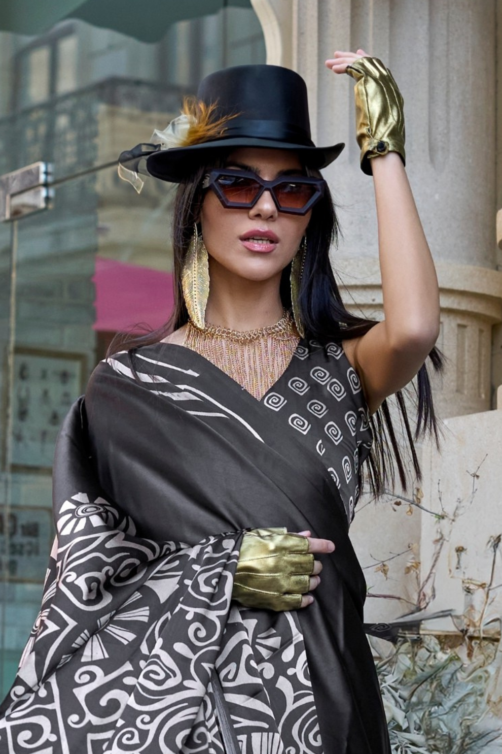 Contemporary Print Satin Crepe Saree with Chic Glossy Drape