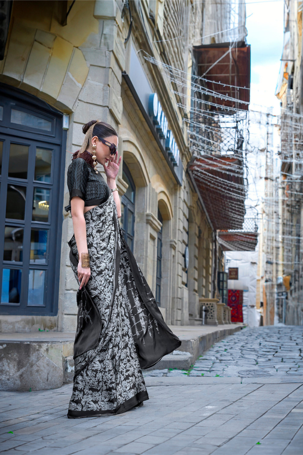 Contemporary Print Satin Crepe Saree with Chic Glossy Drape