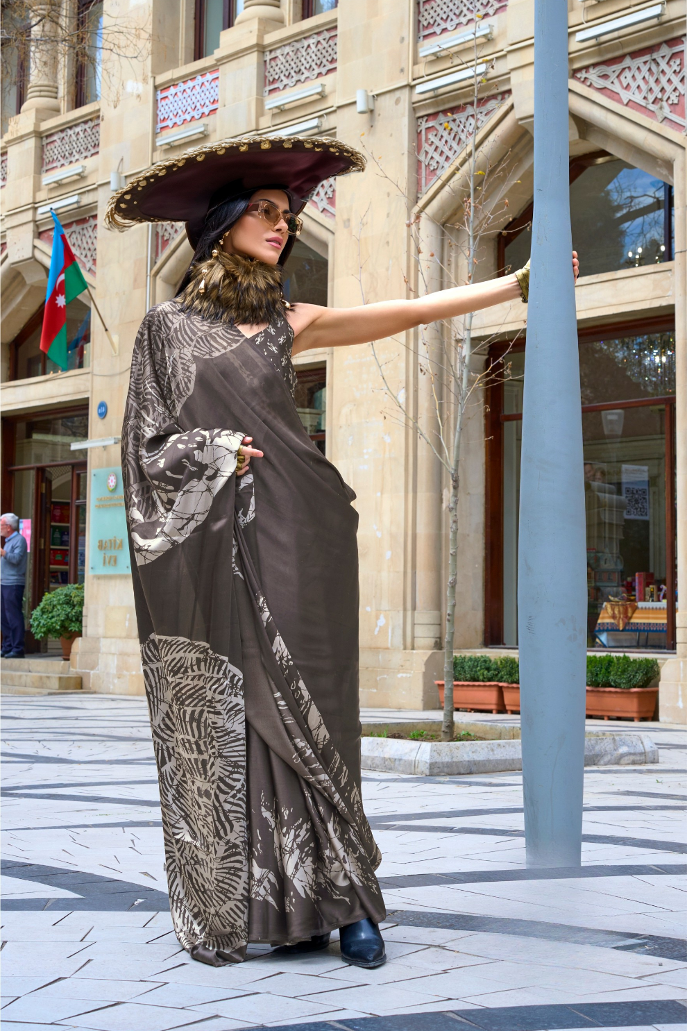 Contemporary Print Satin Crepe Saree with Chic Glossy Drape