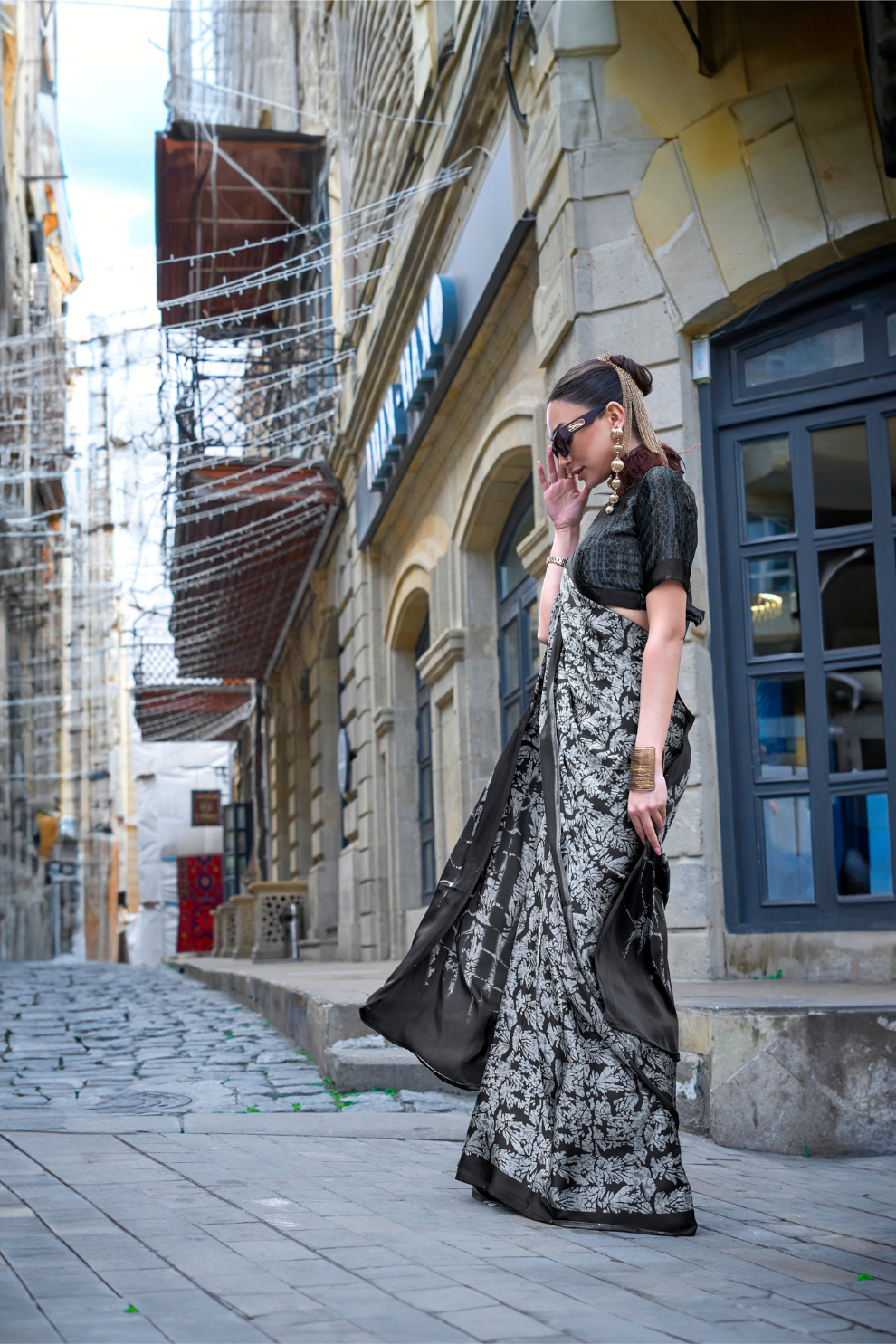 Contemporary Print Satin Crepe Saree with Chic Glossy Drape