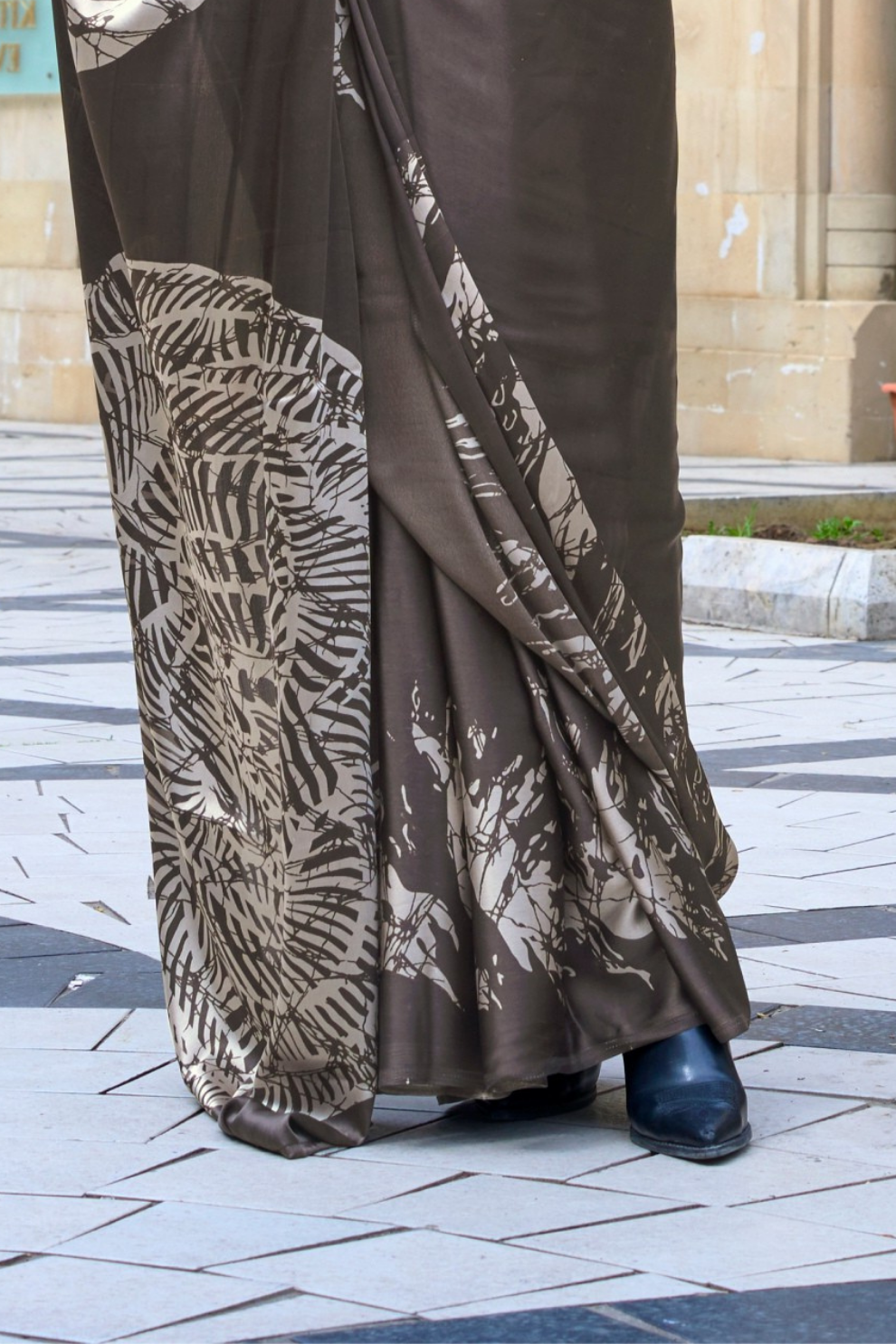 Contemporary Print Satin Crepe Saree with Chic Glossy Drape