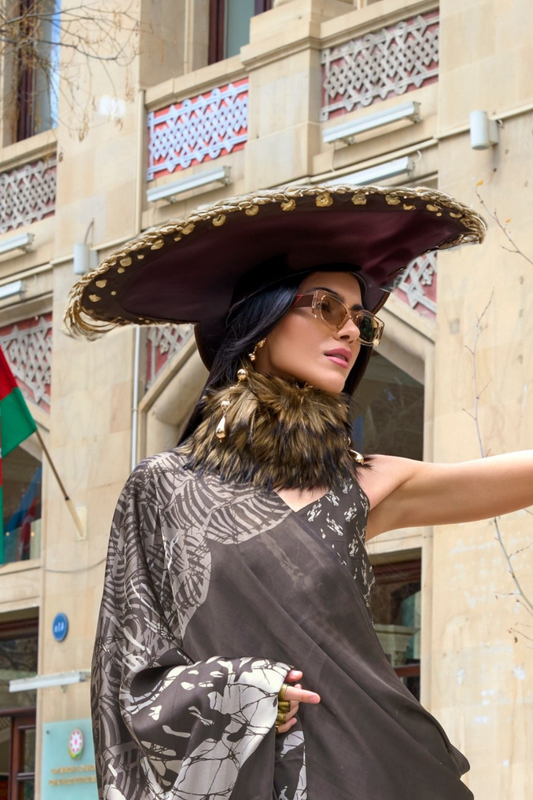 Contemporary Print Satin Crepe Saree with Chic Glossy Drape