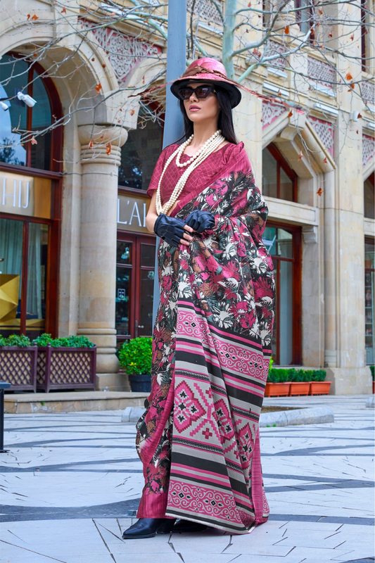 Contemporary Print Satin Crepe Saree with Chic Glossy Drape