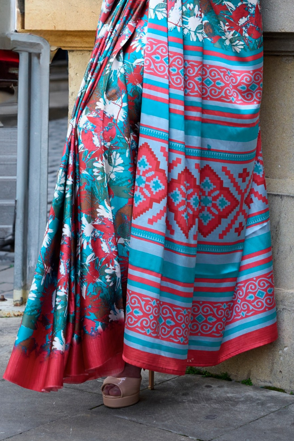 Contemporary Print Satin Crepe Saree with Chic Glossy Drape