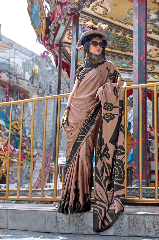 Contemporary Print Satin Crepe Saree with Chic Glossy Drape