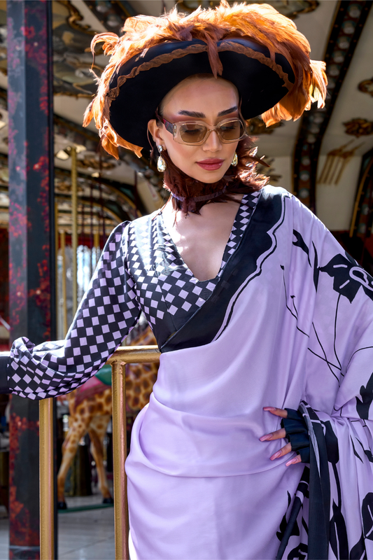 Contemporary Print Satin Crepe Saree with Chic Glossy Drape