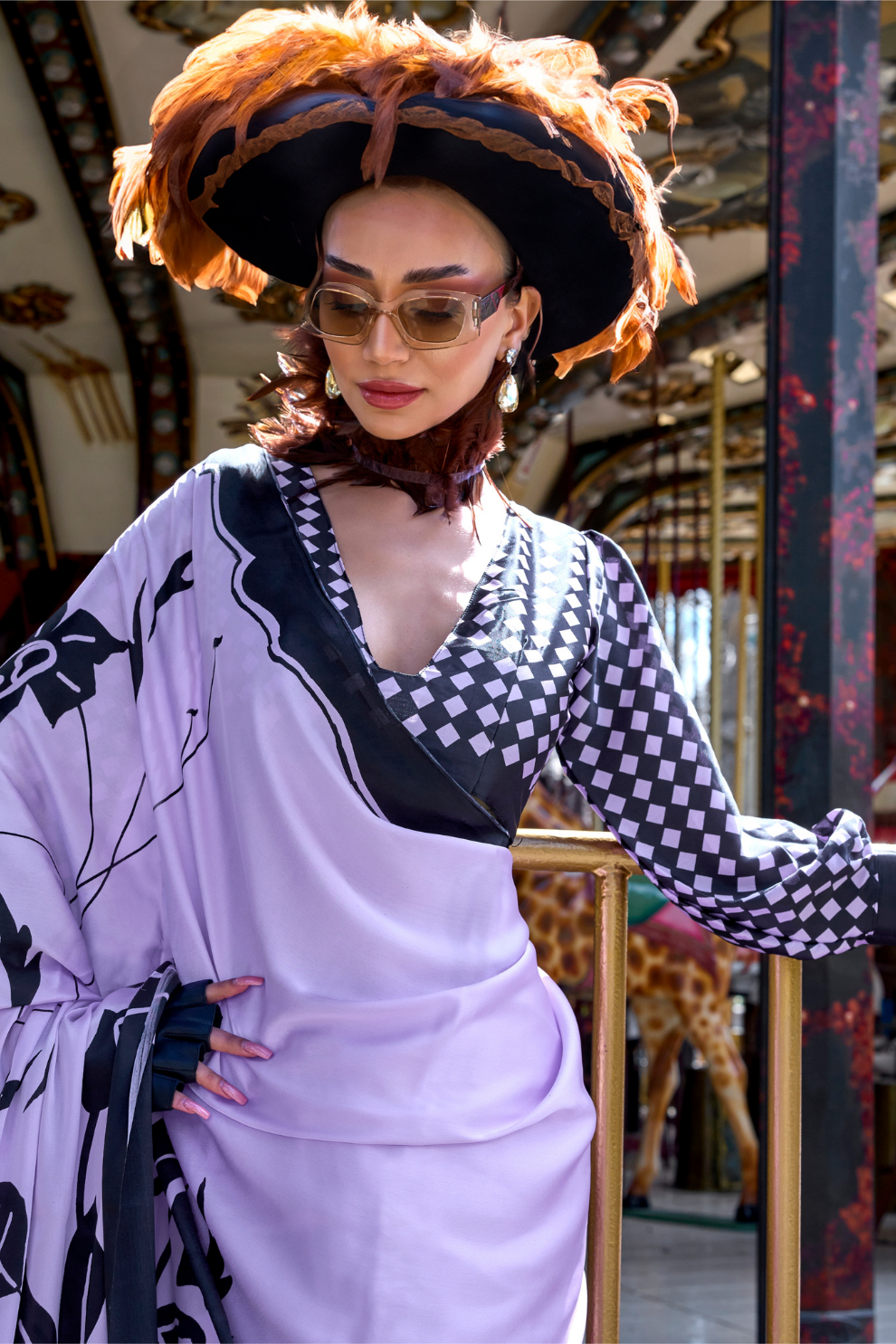 Contemporary Print Satin Crepe Saree with Chic Glossy Drape