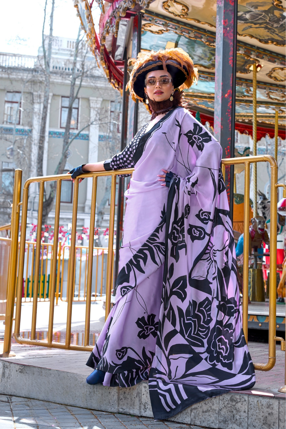 Contemporary Print Satin Crepe Saree with Chic Glossy Drape