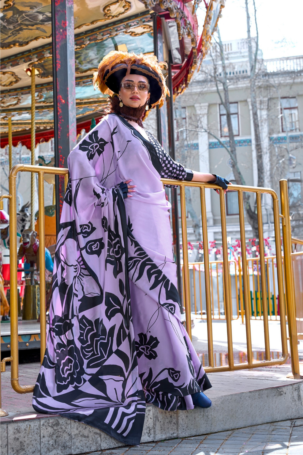 Contemporary Print Satin Crepe Saree with Chic Glossy Drape