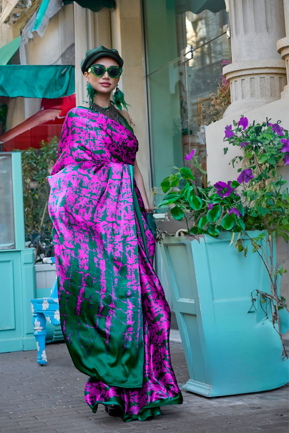 Contemporary Print Satin Crepe Saree with Chic Glossy Drape