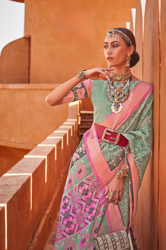 Graceful Patola Print Saree Set in Soft Cotton Silk Fabric