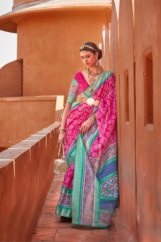 Graceful Patola Print Saree Set in Soft Cotton Silk Fabric