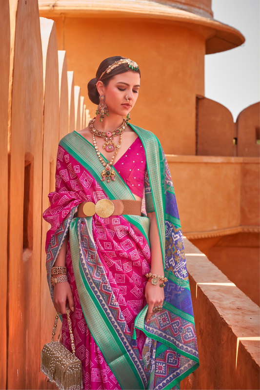 Graceful Patola Print Saree Set in Soft Cotton Silk Fabric