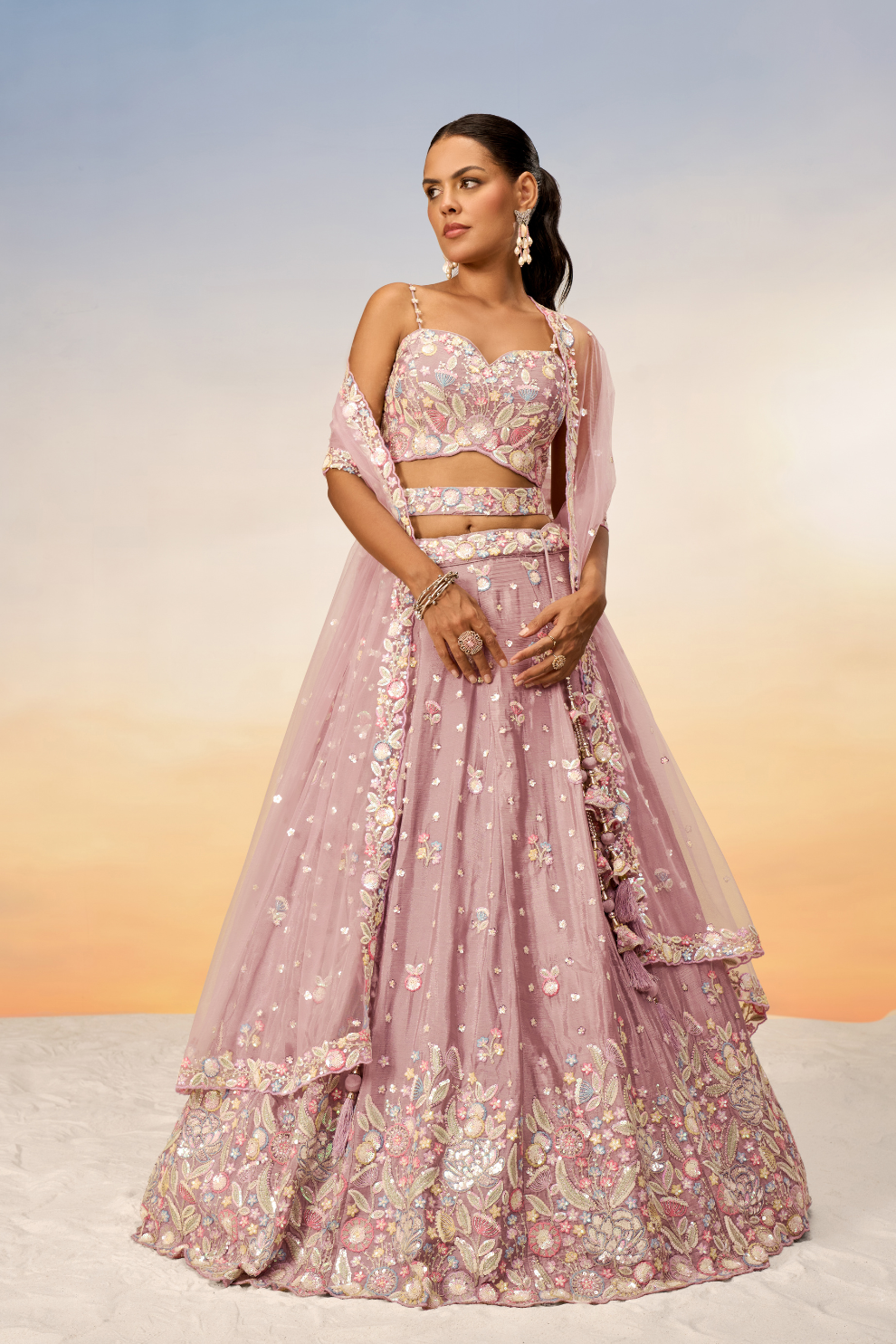 Chiffon Sequins And Thread Embroidery Lehenga Choli Dupatta