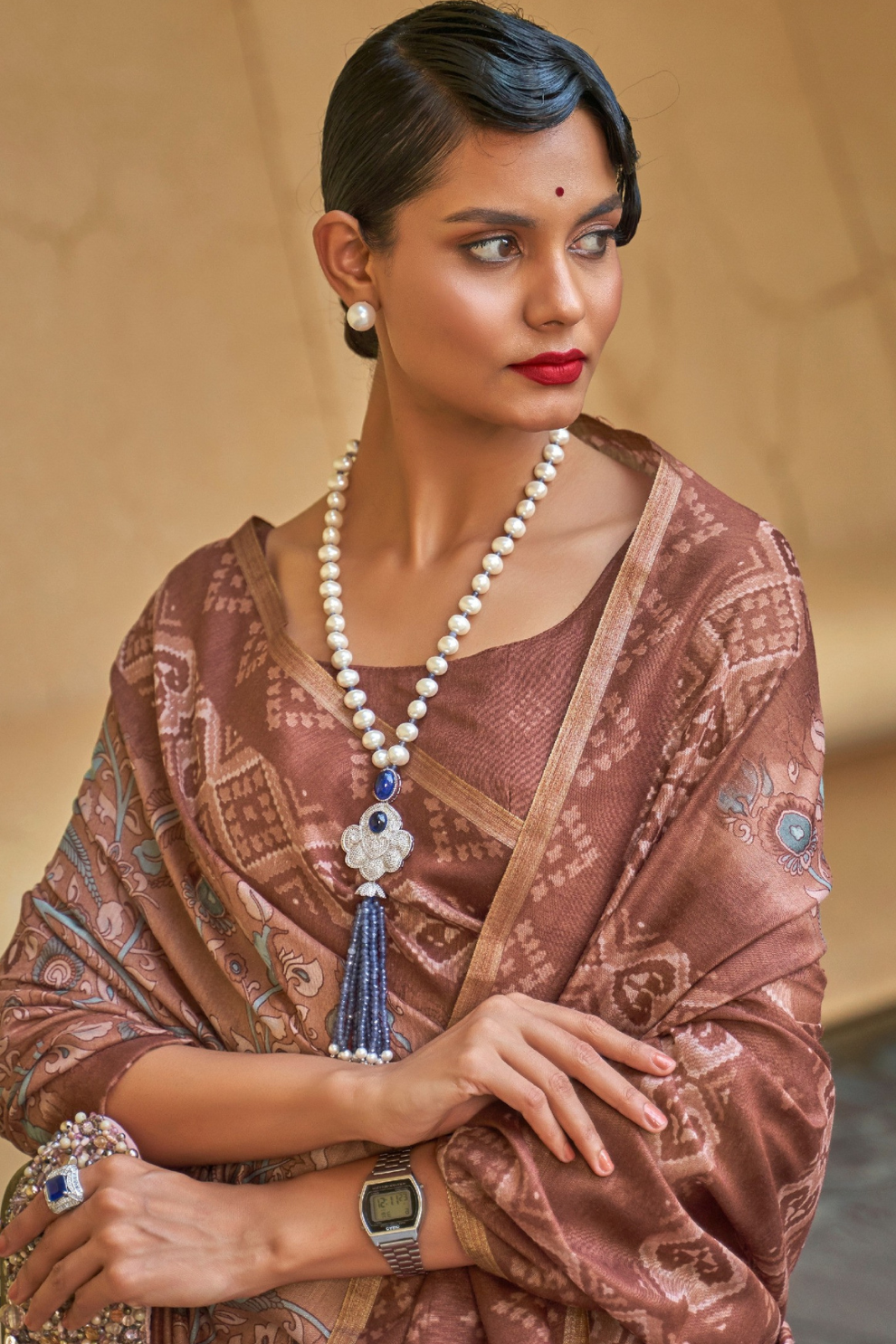 Printed Silk Blend Saree with Artistic Traditional Motifs