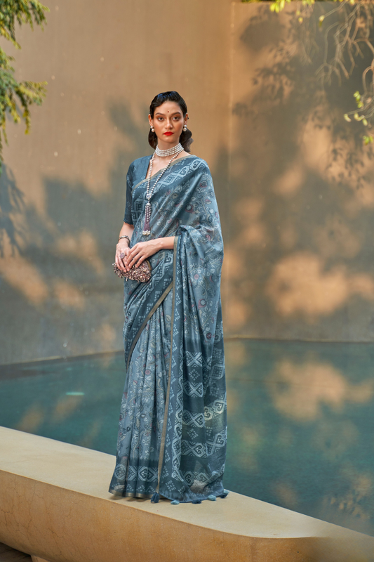 Printed Silk Blend Saree with Artistic Traditional Motifs
