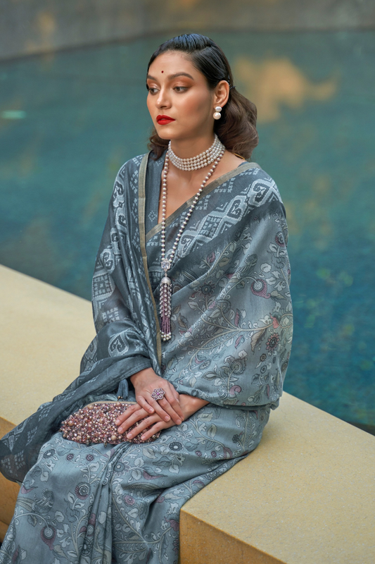 Printed Silk Blend Saree with Artistic Traditional Motifs