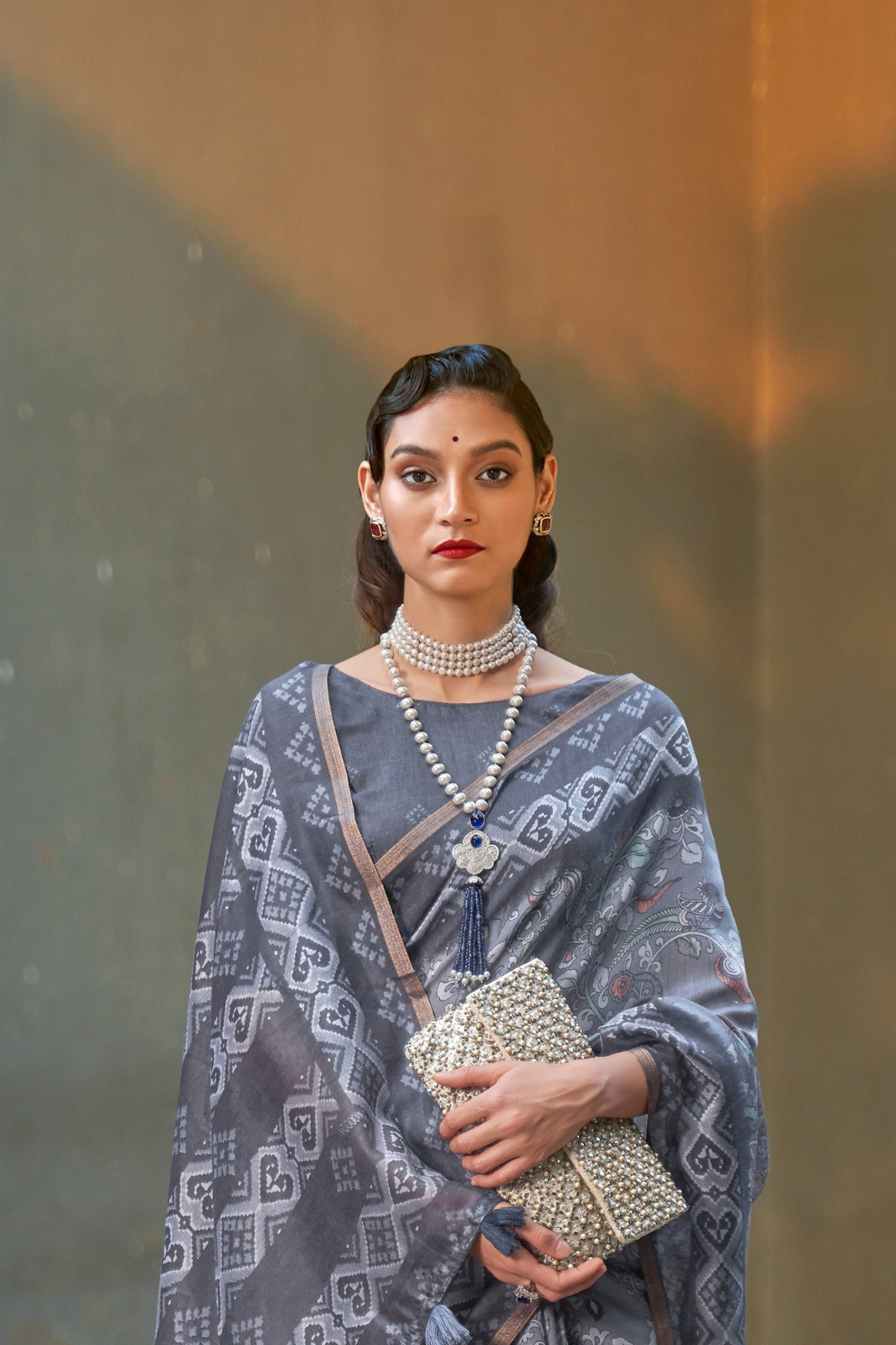 Printed Silk Blend Saree with Artistic Traditional Motifs