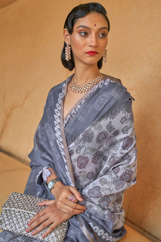 Printed Silk Blend Saree with Artistic Traditional Motifs