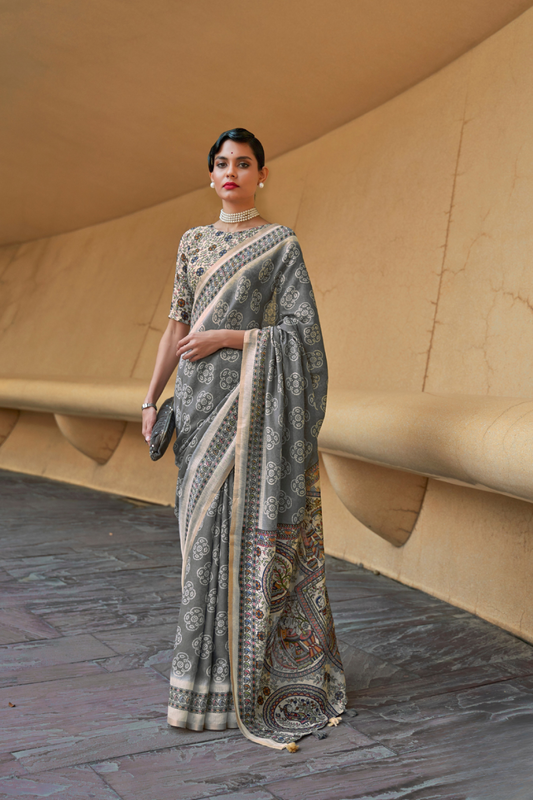 Printed Silk Blend Saree with Artistic Traditional Motifs