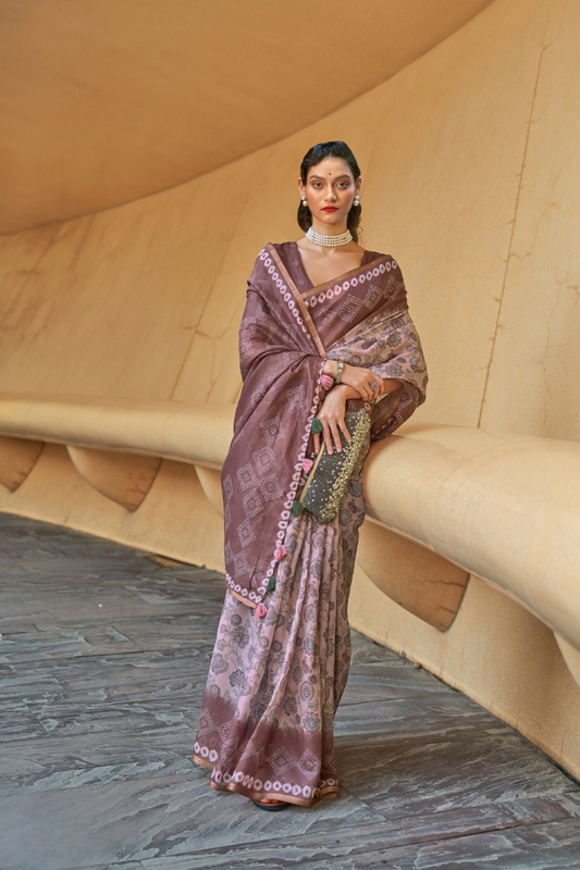 Printed Silk Blend Saree with Artistic Traditional Motifs