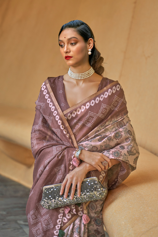 Printed Silk Blend Saree with Artistic Traditional Motifs