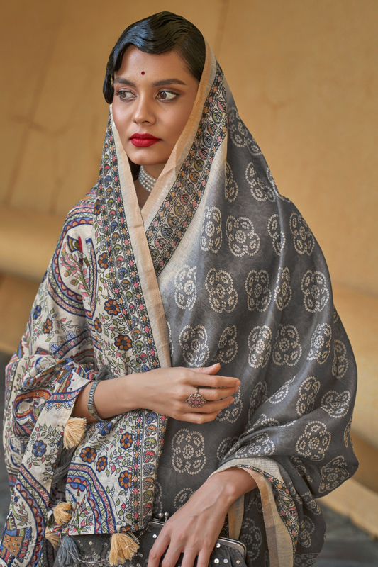 Printed Silk Blend Saree with Artistic Traditional Motifs