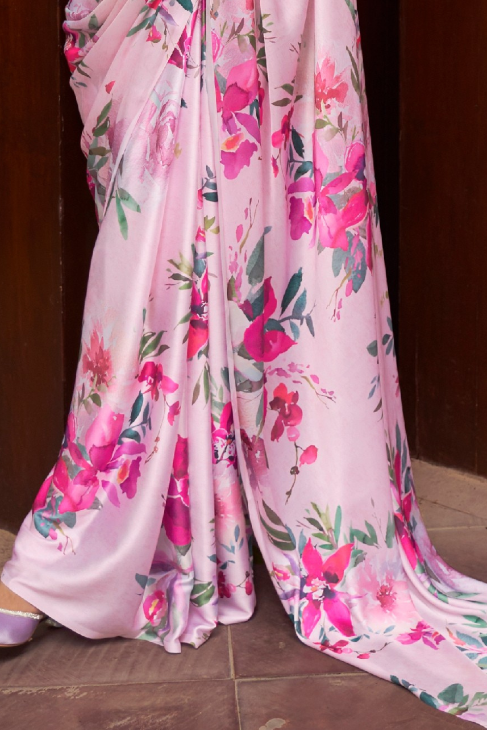 Digital Printed Satin Creep Saree with Smooth Silken Drape