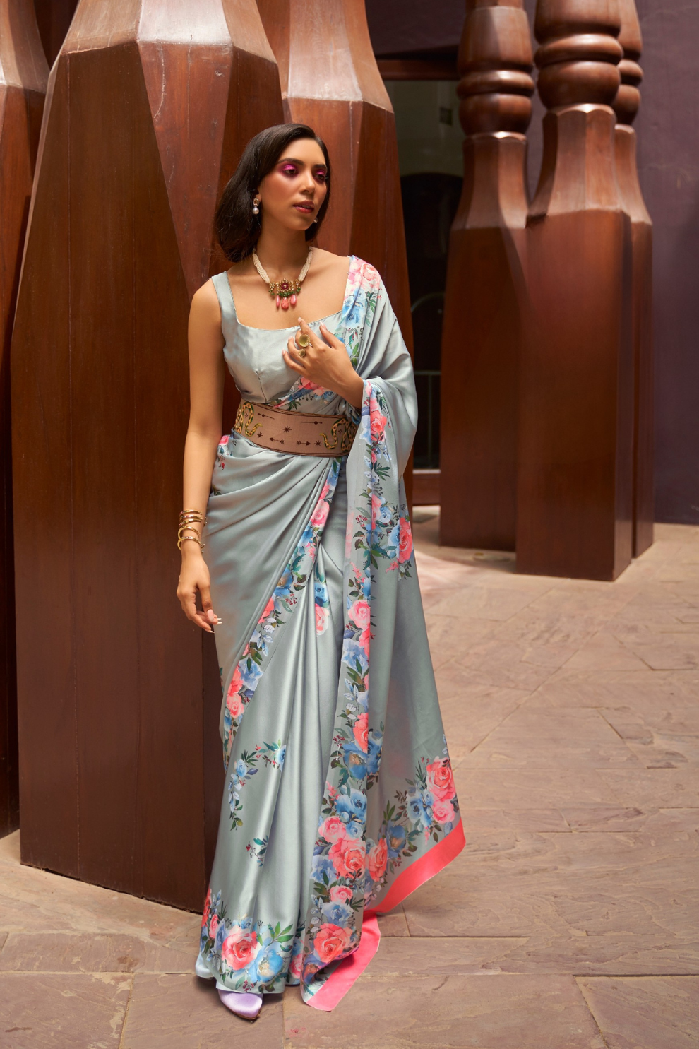 Digital Printed Satin Creep Saree with Smooth Silken Drape